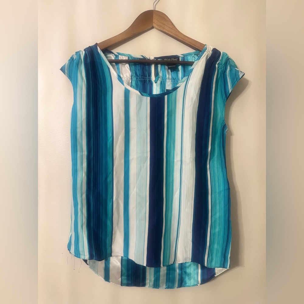 NWT Lucky Brand 100% Silk Striped Cap Sleeve Blouse Top Blue Teal Women’s Small - Picture 2 of 10